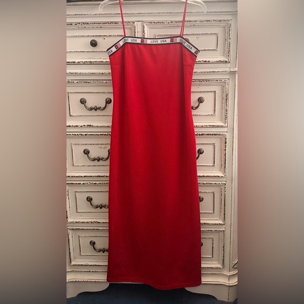 Red Slip Dress with 'LOVE USA' Trim